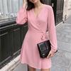 Elegant Ladies Surplice V Neck Wrap Dress Long Puff Sleeve Belted Waist Solid Color A Line Short Dress Evening Cocktail Party Dresses