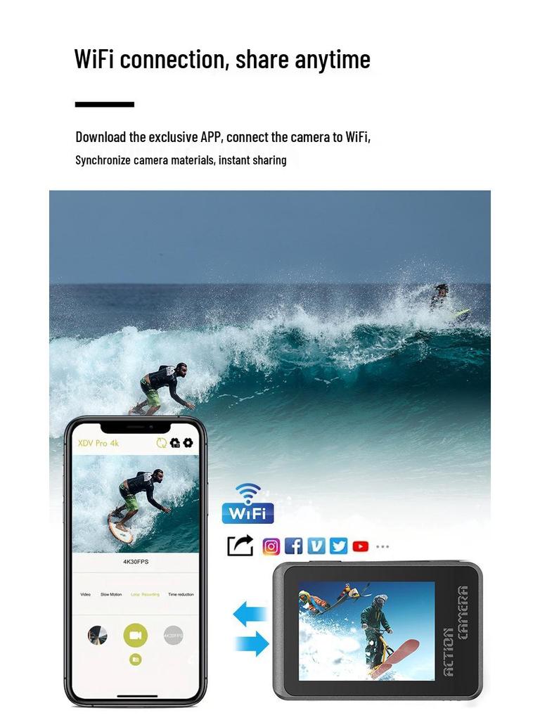 4K Sports Action Camera with Anti-Shake, Touchscreen, Wireless Connectivity, for Cycling & Fishing