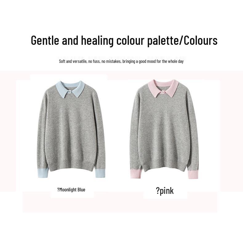 Women's 100% Pure Cashmere Color Block Polo Collar Sweater - Long Sleeve Knit Pullover for Autumn/Winter