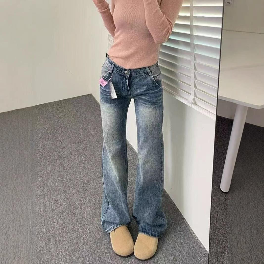 

Vintage High Street Jeans Women Spring and Autumn Mid-waisted Wide Legged Trailing Floor Micro Trousers Ins Tide Jeans for Women Long Denim Pants 4XL