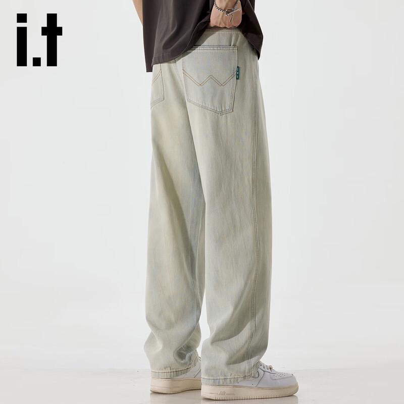 izzue it Men's Loose Straight-Leg Light Wash Jeans