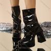 Comemore Autumn Women Thick Bottom Short Boots Chunky High Heel Patent Leather Boots for Women Solid Botines De Mujer