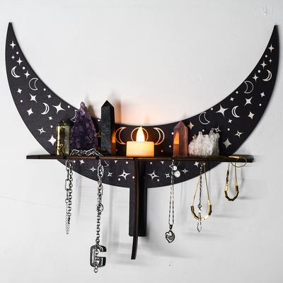 Bohemian Style Wooden Crescent Moon Wall Shelf for Crystals and Candlestick Decor