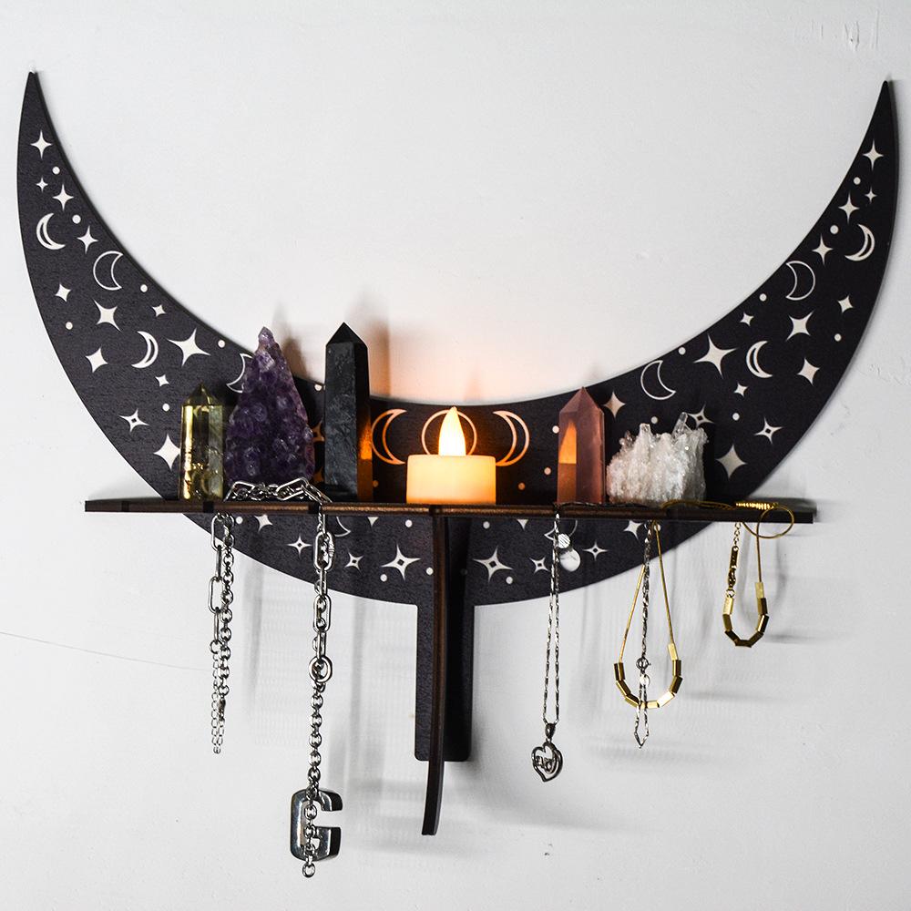 Bohemian Style Wooden Crescent Moon Wall Shelf for Crystals and Candlestick Decor