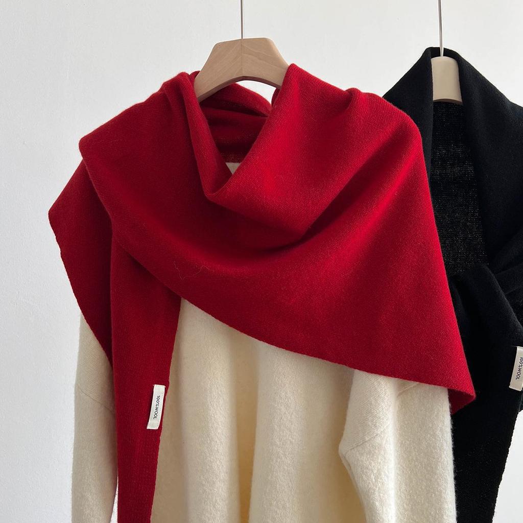 100% Pure Wool Women's Triangle Shawl: Knitted Scarf, Solid Color, High-End and Versatile Neck Warmer