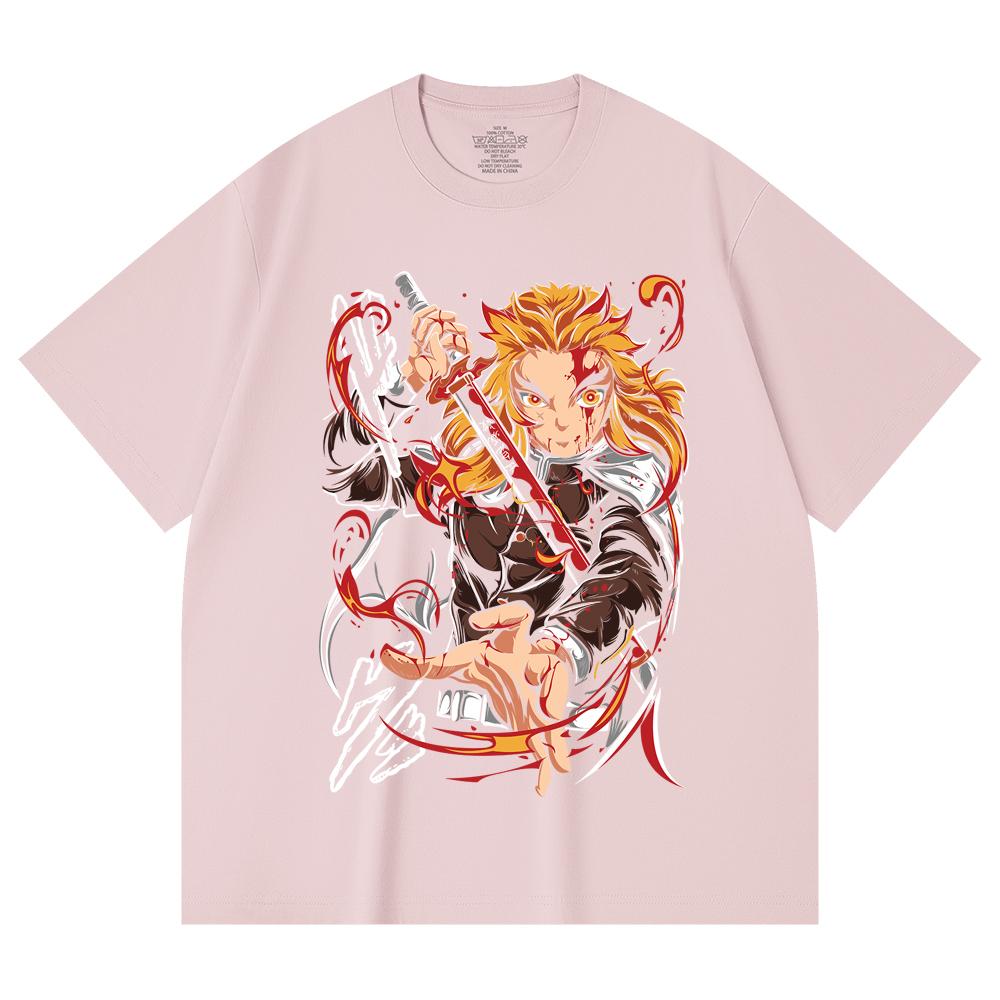 230 Gsm 100% Cotton Demon Slayer V85 Rengoku Print Unisex Heavy Cotton T Shirt