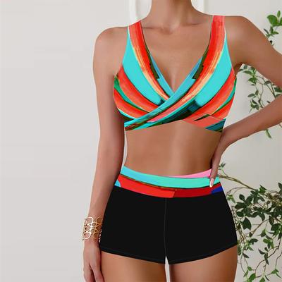 Women's Swimwear Tankini 2 Piece Swimsuit Colored Stripes Print Vacation Bathing Suits