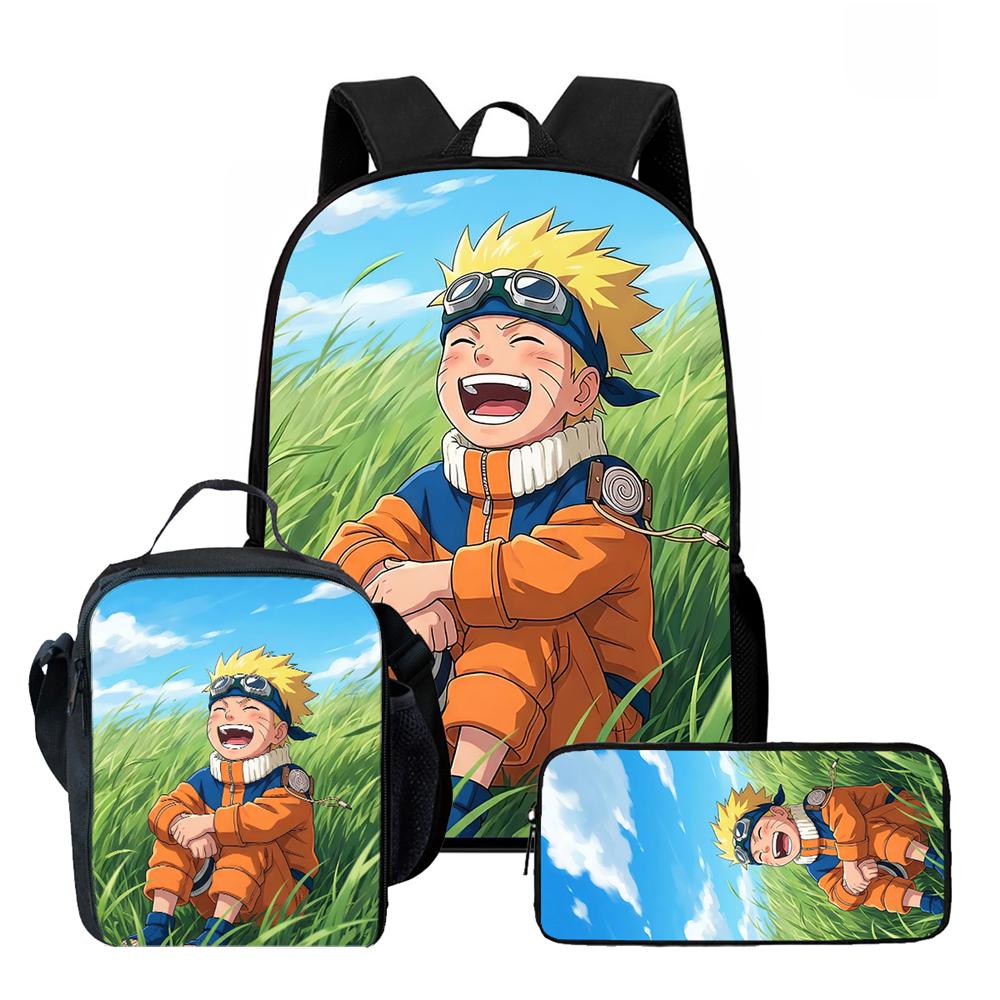 3Pcs Set NARUTO Anime School Rucksack With Front Pocket & Sling Carry Tote & Pencil Bag,Durable&Lightweight,for Boys&Girls Age 6-10