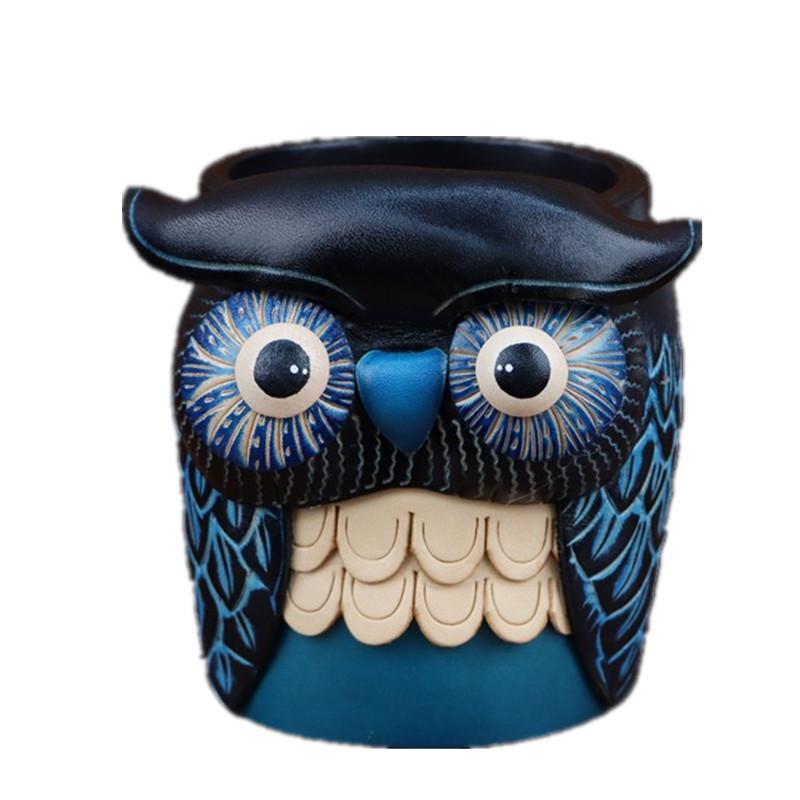 First Layer Vegetable Tanned Cowhide Owl Pen Holder Storage Box Office Desktop Cute Cartoon Ornament Creative Birthday Gift