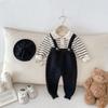 New Fall/Winter Infant Waffle Knit Cardigan & Striped Long Sleeve Overalls Set