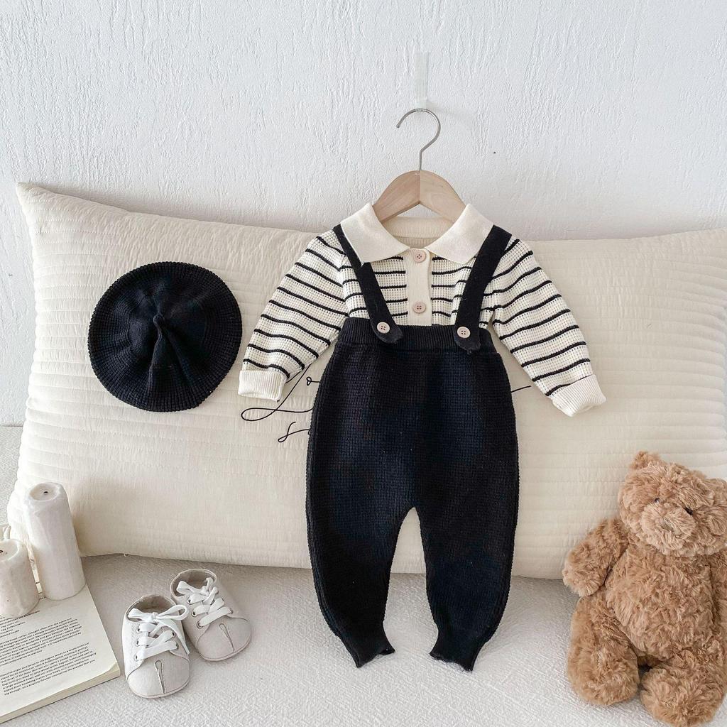 New Fall/Winter Infant Waffle Knit Cardigan & Striped Long Sleeve Overalls Set
