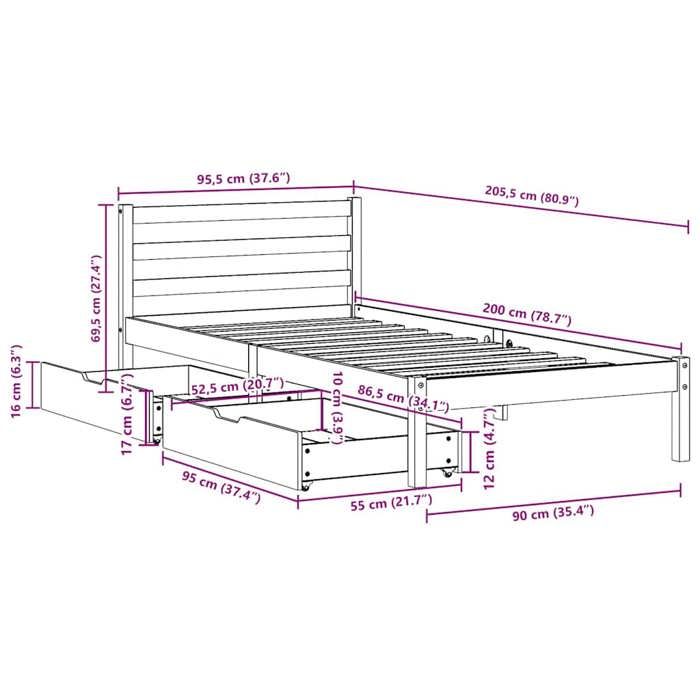 VidaXL Cadre de lit avec tiroirs blanc 90x200 cm bois de pin massif, sommier, cadre de lit simple, cadre de lit en bois 3301535