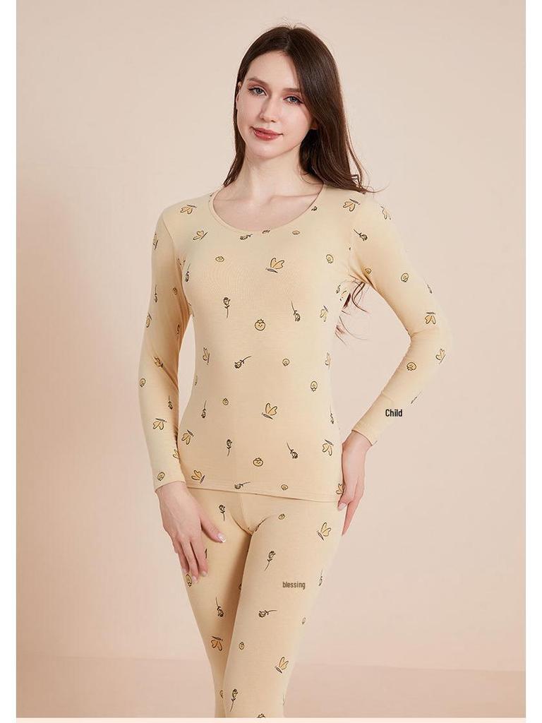 Women's Pure Cotton Cartoon Print Warm Underwear Set - Autumn/Winter Thin Base Layer Sweater & Leggings