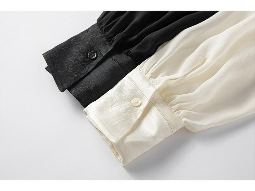 Camicia da Donna in Acetato Jacquard Primaverile: Stile Francese, Patchwork di Seta, Manica Lunga, Vestibilità Ampia, Lunghezza Media.