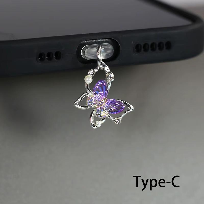 Beautiful Butterfly Phone Dust Plug Accessories Decoration Hanging Pendant for IPhone for Samsung Type-C Charging Port