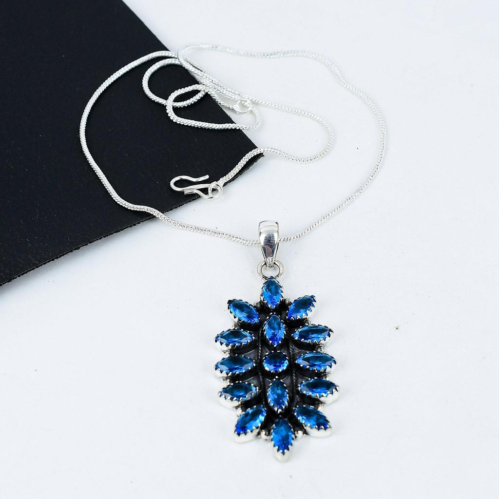 Schweizer Blautopas Edelstein Handgefertigt 925 Sterling Silber Elektroform Blume Halskette, Schweizer Blautopas Silber Für Ehefrau Unisex Anhänger Geschenk