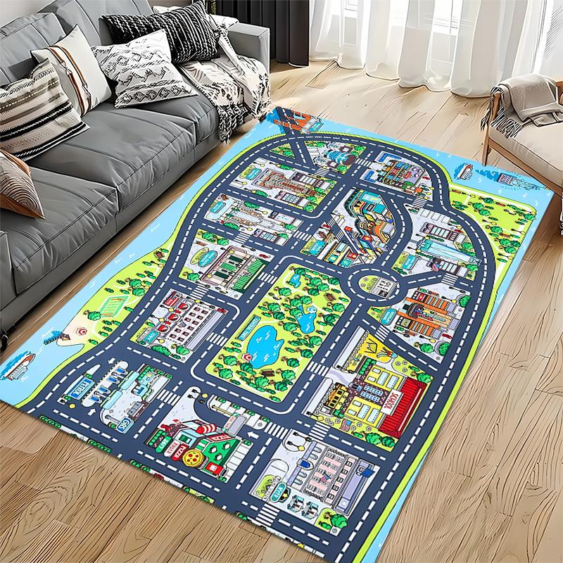 Colorful City Map Rug with Landmarks Non-slip Rug Suitable for Living Room and Bedroom Sofas.
