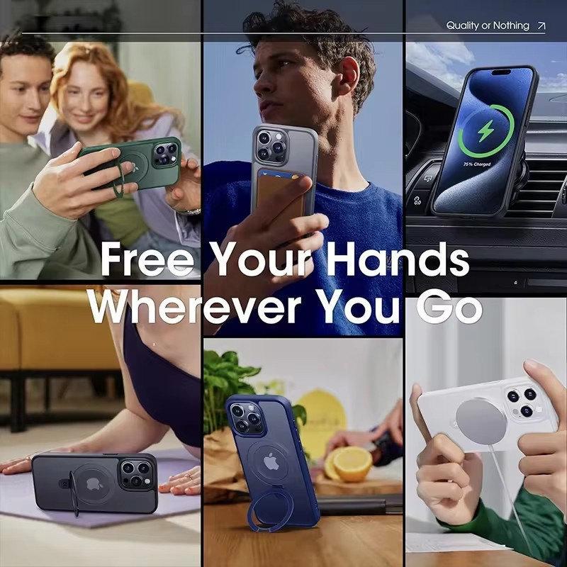 Metal Ring Stand Matte Magnetic Case for Magsafe IPhone 16 15 14 13 12 11 Pro Max Plus 15Pro I15 with Lens Protector Mac Safe Cover