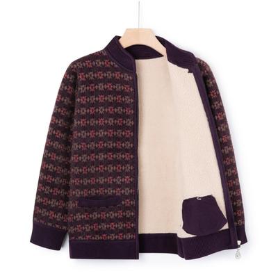 Middle-aged Grandmother Autumn Knitted Jacket Fleece Thickened Stand-up Neck Cardigan Top Female Mother Clothing New Autumn Clothing Women