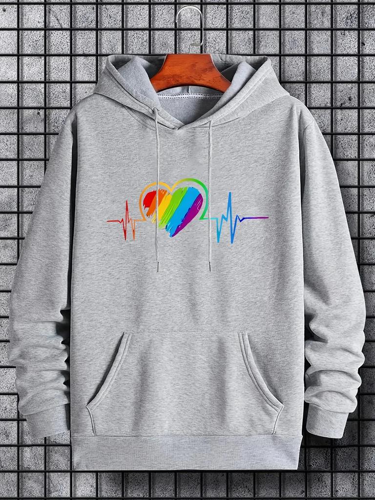 2025 Rainbow Heartprint 2D Hoodie Men's Casual Pattern Long Sleeve Hoodie