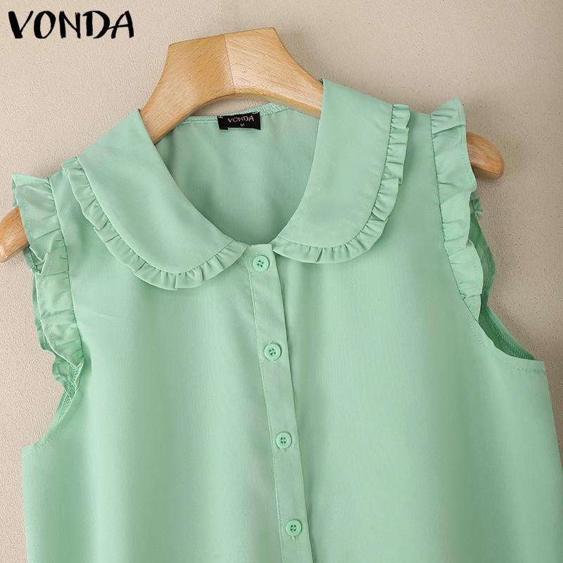 VONDA Women Doll Collar Sleeveless Ruffled Hem Button Down Crochet Casual Tank Tops