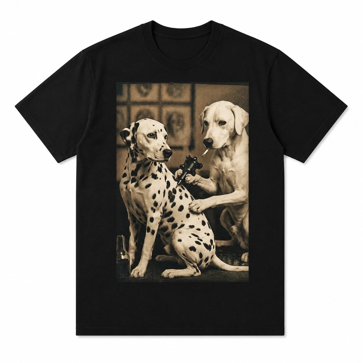 Funny Dog Tattoo Artist T-Shirt Vintage Dalmatian Tattooing Graphic Tee Black S