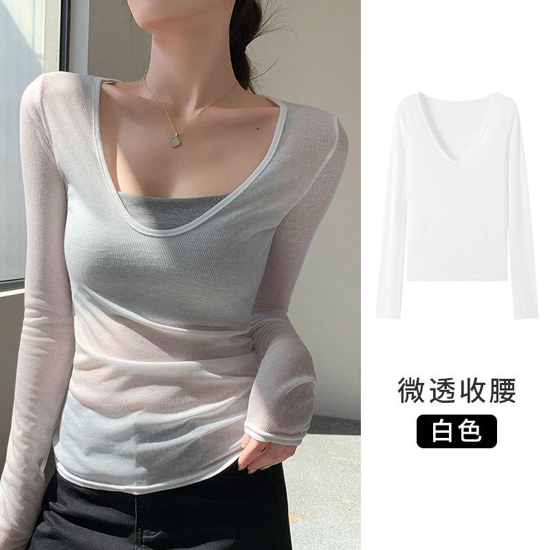 

8-Threaded u-neck blouse women s summer thin micro-transparent slim-fit outer wear T-shirt sunscreen blouse l fits 55-62.5kg