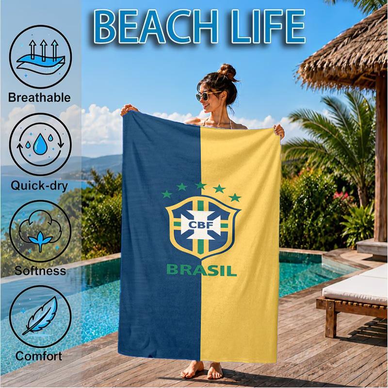 Brazilian Football Crest Printed Microfiber Beach Towel, Soft And Absorbent, Quick-Dry, Ideal for Summer Travel, Beach Essential, Swimming Pool