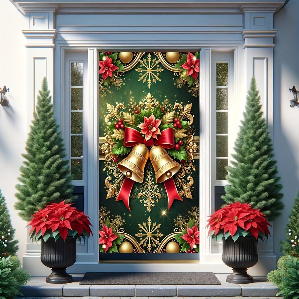 Christmas Door Cover Gold Bell Poettia 71x35 Inch Large Holiday Decoration for FrontDoor Wall Indoor Outdoor Xmas Party Winter Festival Home Decor
