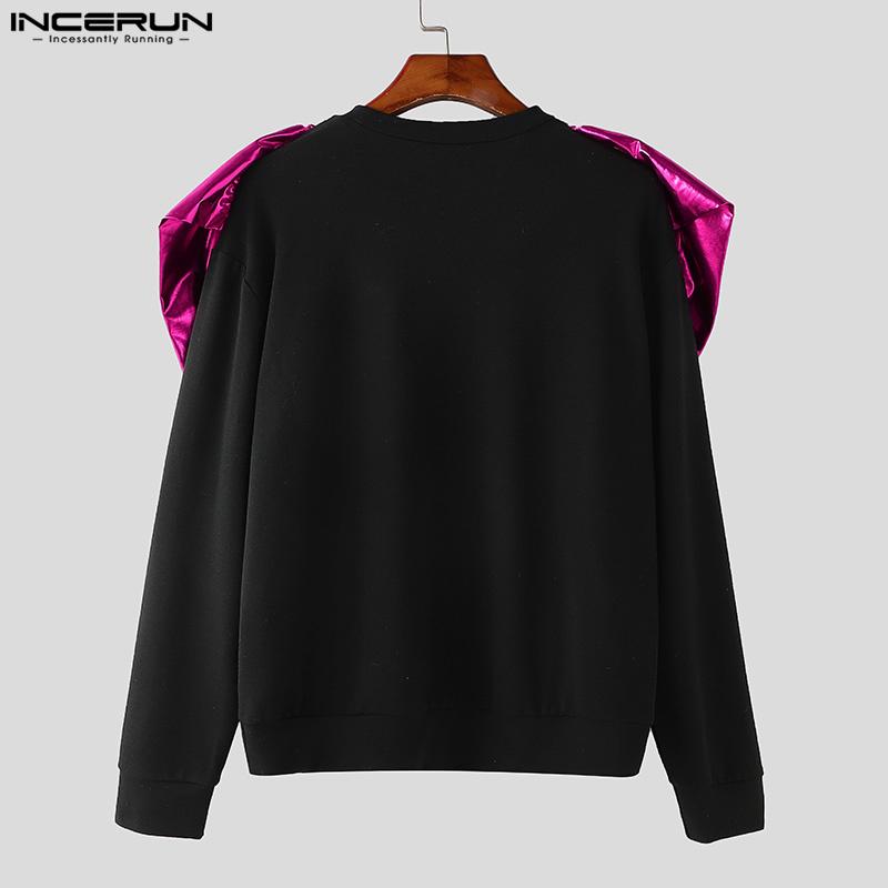 INCERUN Men Round Neck Long Sleeve Shiny Finish Ruffled Patchwork Loose T-shirts