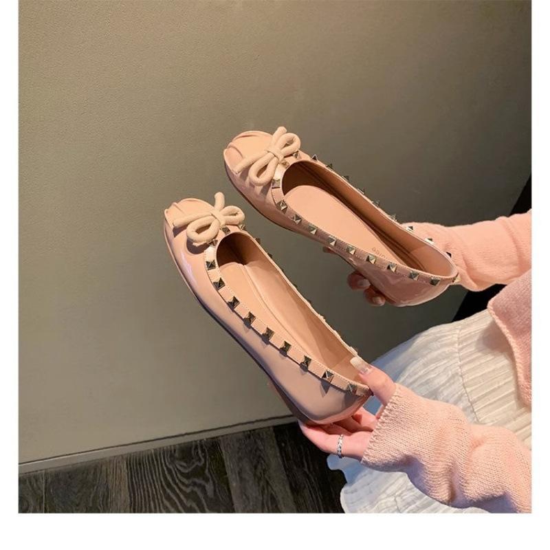 Shoes Round Head Light Mouth Contrasting Color Satin Bow Rivet Flat Sole Shoes Women's Spring