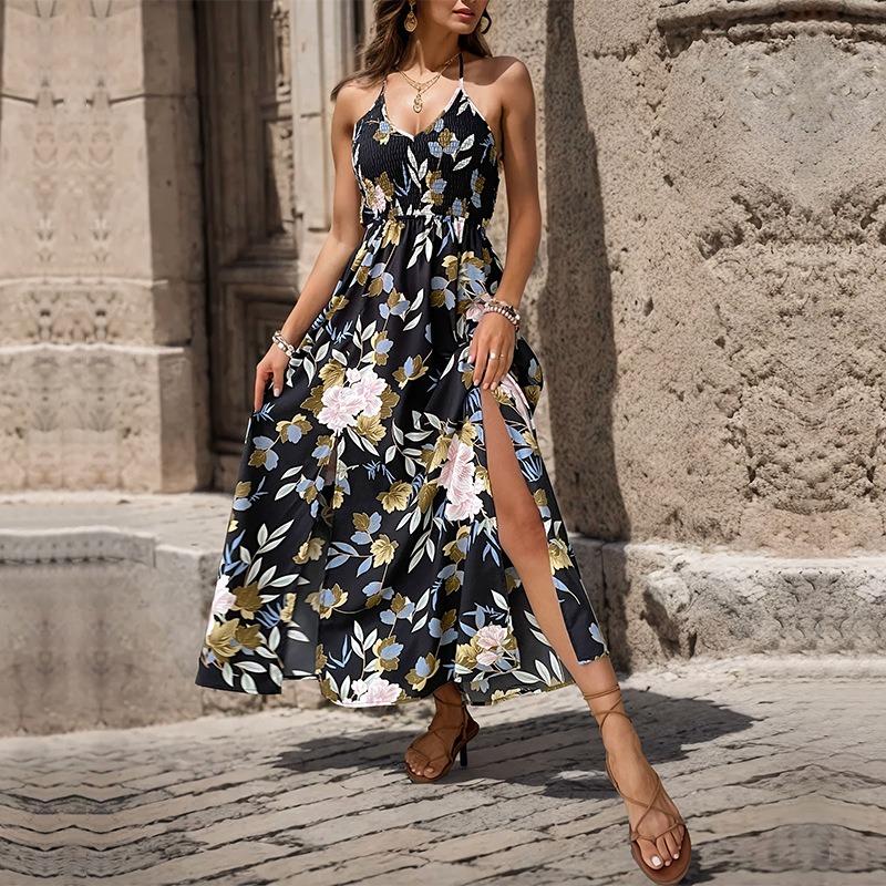 Vacation Casual Suspender Long Skirt Sexy Elegant V-neck Floral Dress