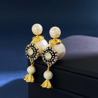 Stud Earrings Femininity Long Retro Light Luxury Diamond Flower Pendant Size Pearl Earrings Earrings New
