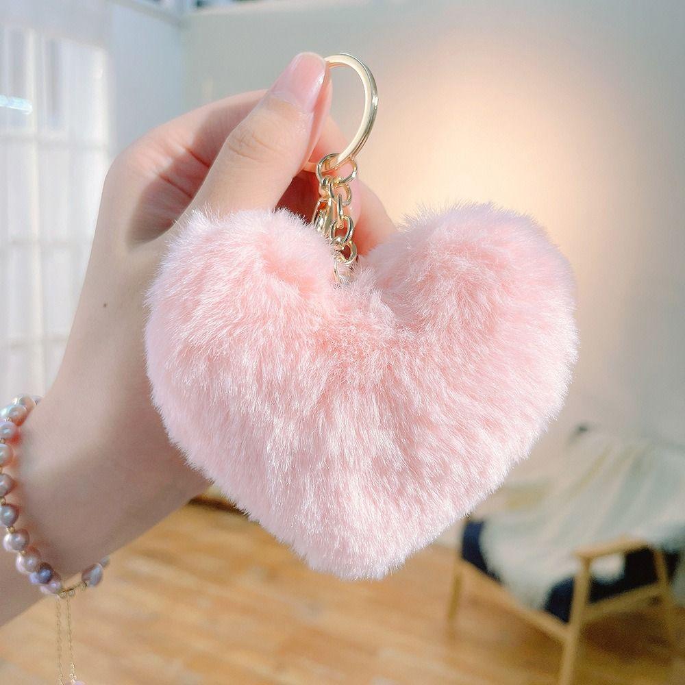 Love Heart Plush Bag Pendant Fluffy Ball Car Key Ring Imitation Rabbit Fur Solid Color Key Chain Bag Accessories