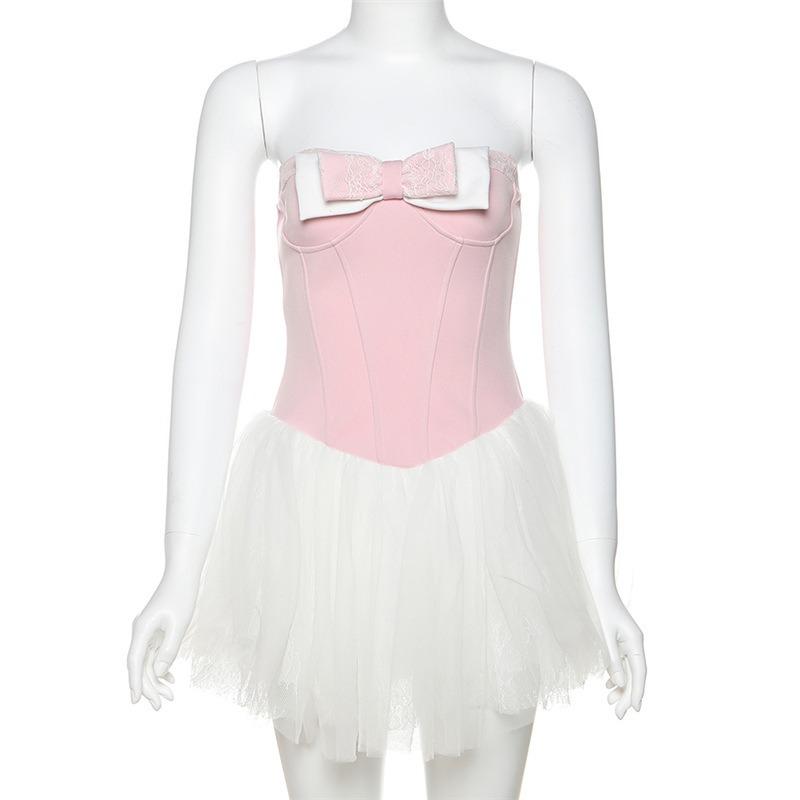 Women's Fashion Sexy Spice Girls with Chest Contrast Color Bow Waist Dress
