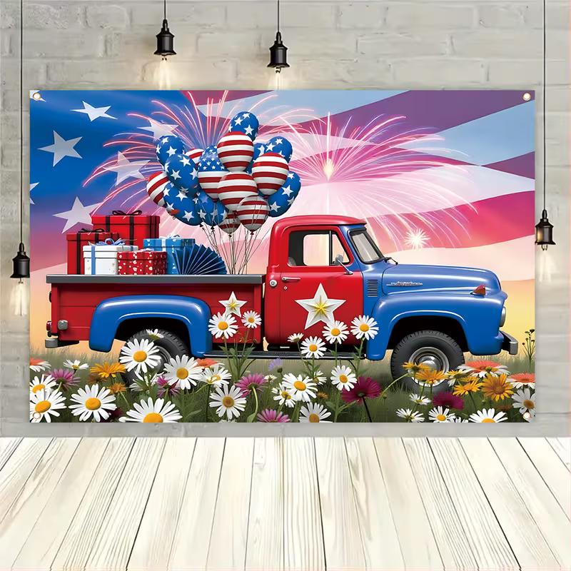 2D Red White Blue Vintage Truck with Balloons Photo Background
