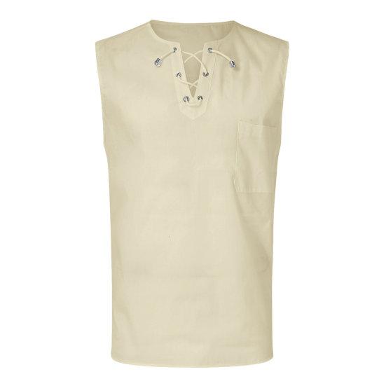 Erkekler Yaz Tankı Üstleri V Yaka Dantel-up Kolsuz Düz Renk Gömlek Tops Gevşek Yama Cep Tees Gömlek streetwear