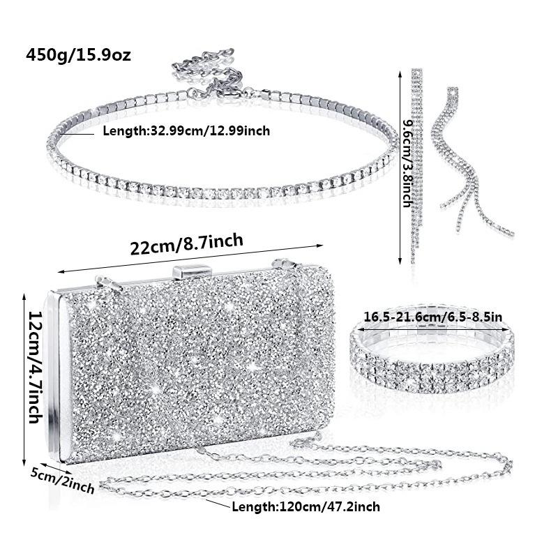 Simple Rhinestone Necklace , Drop Earrings , Rhinestone Bracelet , Diamond Face Square Box Evening Bag Jewelry Set 4 - P