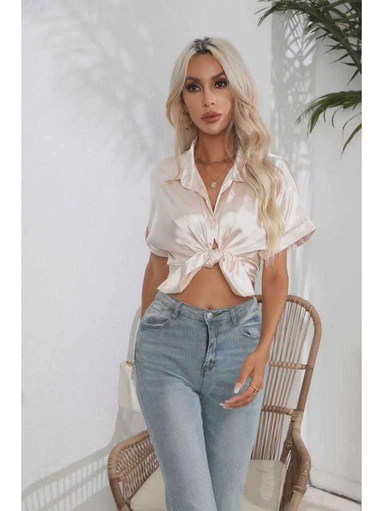 2025 Women's European & American Short-Sleeve Satin Button-Down Shirt - Casual Loose Fit