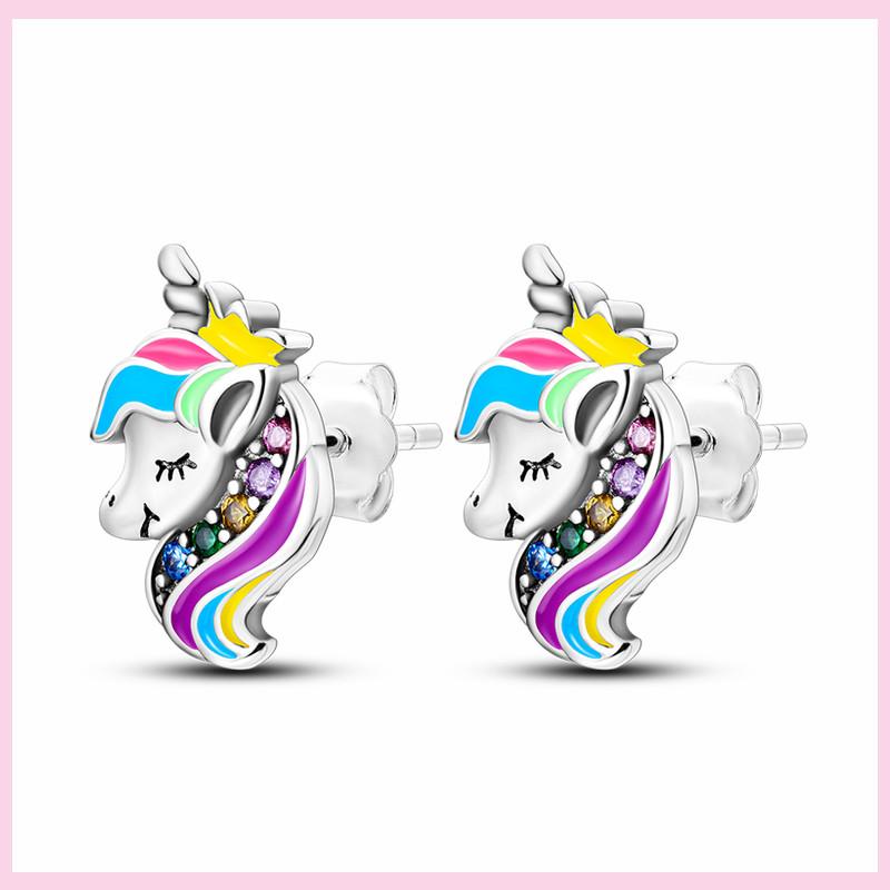 New 925 Silver Chameleon Unicorn Cute Stud Earrings Zircon Blue Eyes Flower Small Earrings For Women Girls Lovely Jewelry Gift