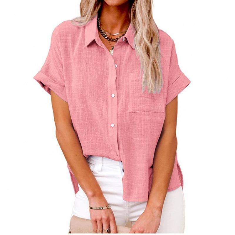 Frauen Sommer Einfarbig Baumwolle Leinen Shirts Revers Kurzarm Button Up Unregelmäßige Tasche Blau Weißes Hemd
