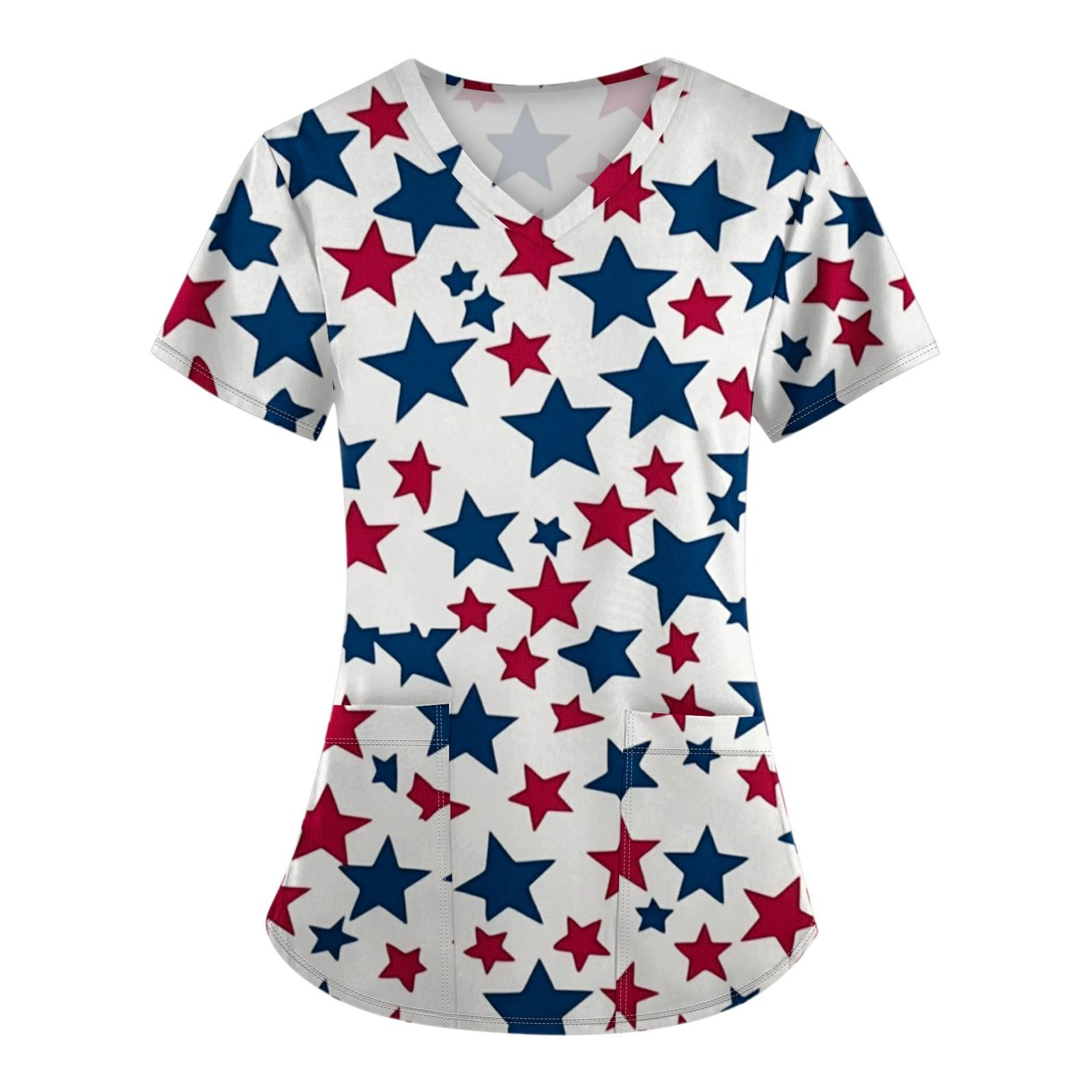 

Women s Fashion V-Neck Short Sleeve Overalls With Pockets Independence Day Printed Tops Clothes XL білий