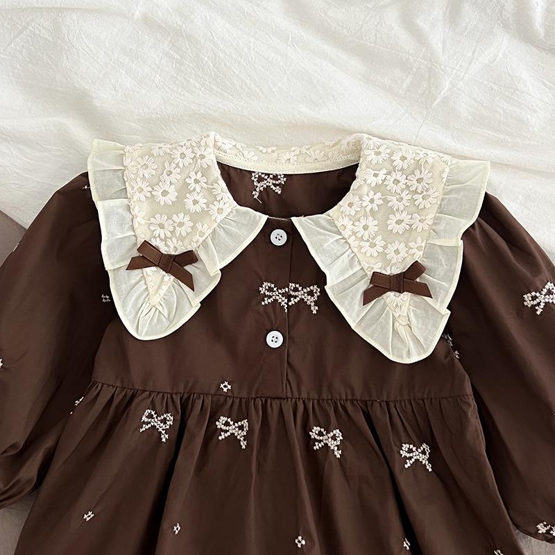 Baby-Krabbelstrampler im koreanischen Stil mit besticktem Kragen - Langarm, Niedrige Vollabdeckung für Frühling/Herbst.