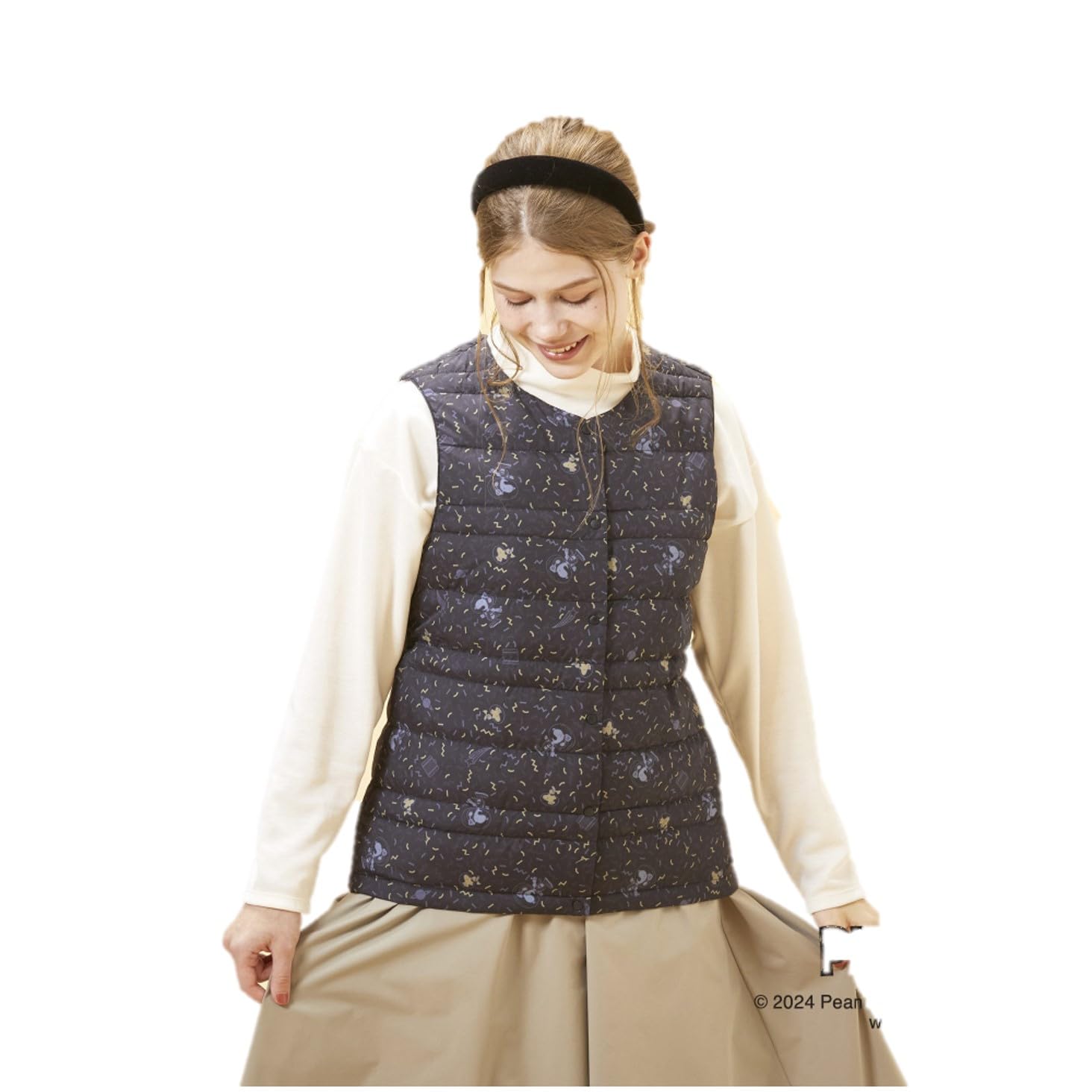 

Mizuno PEANUTS Breath Thermo Compact Down Snoopy and Woodstock with Storage B2MEBY51 Vest, Design, Heat-Generating Material, Bag, Winter, Women s, чёрный