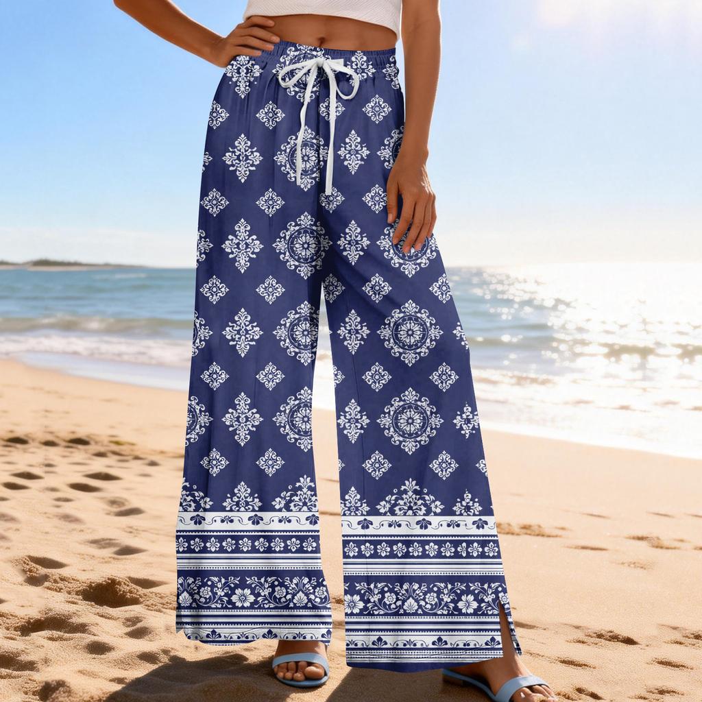Women Summer Boho Palazzo Pants High Waist Wide Leg Printing Casual Trousers With Pockets