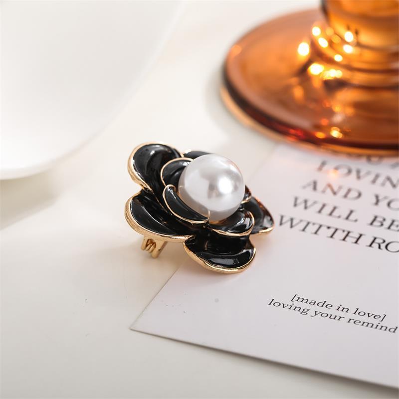 Kamelien Perlen Brooch Schwarz Öl-Tropfendes Metall Trauer Corsage Pin High-End Französisch Elegant Tasche Tuch Schal Zubehör Brooch