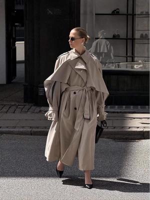 2025 British Style Women's Extra Long Khaki Belted Cape Trench Coat