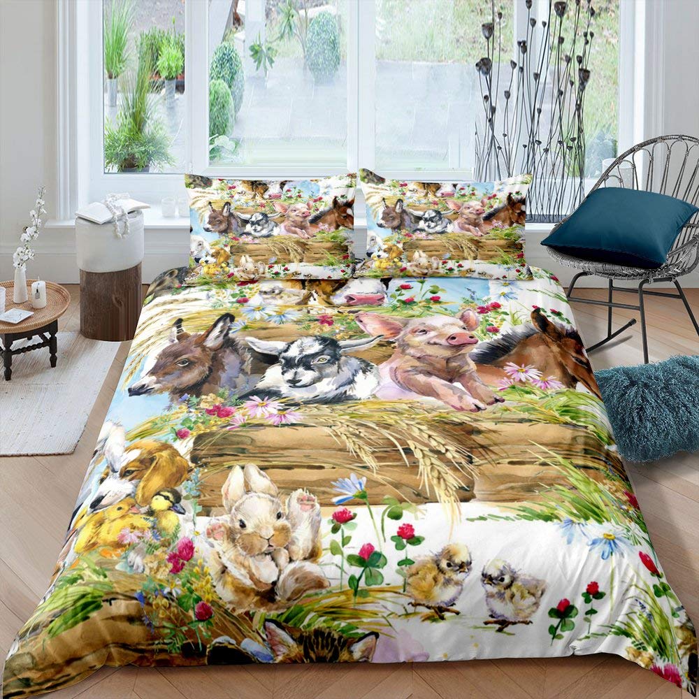 Natural Bedding Set 3Pcs For Boys Girls Cartoon Wildlife Animal Flower Print Comforter Cover Green Microfiber Duvet Cover Set