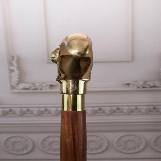 Nautical Handmade Solid Brass Cat Head Walking Stick Wooden Shaft Walking Cane for Men Women Canes, Total Length 93.98 cm