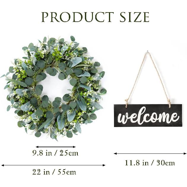 Dremisland Green Eucalyptus Wreath with Welcome Sign 22in Spring Summer Artificial Eucalyptus Wreath for Front Door Polytype Leaves Wreath for Wall